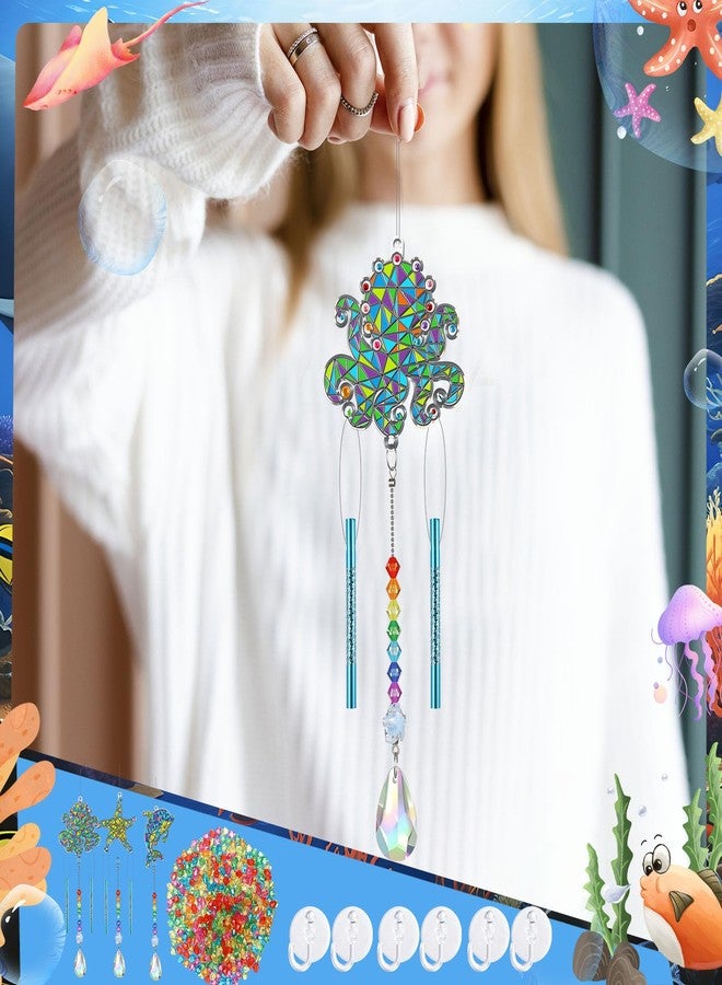 GlikCeil 12 Sets Suncatcher Craft Kits Christmas Wind Chime Decorations Fun Gem Painting Sun Catchers Coloring Suncatcher Art and Crafts for Birthday Home Office DIY Project Gift Favor(Sea) - Image 4